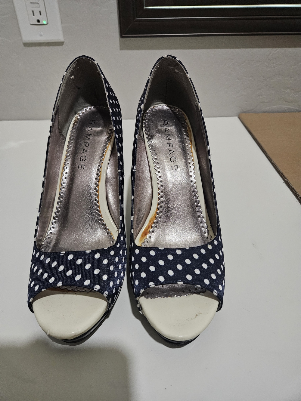 Rampage Navy and White Polka Dot Peep-Toe Heels